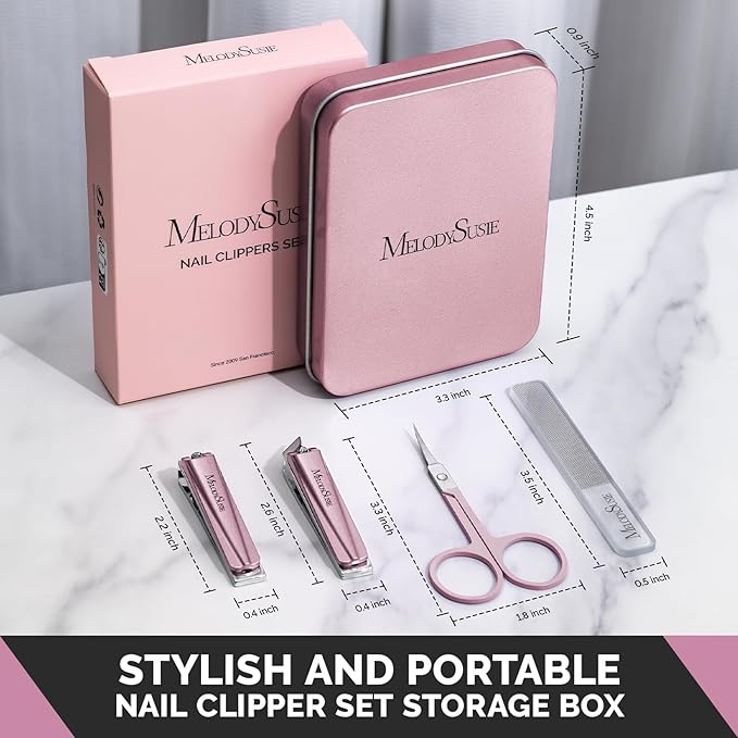 MelodySusie Nail Clippers Set 4 in 1, Ultra Sharp Toenail Clippers with Glass Nail File Cuticle Scissors, Stainless Steel Nail Clippers for Women, Fingernail Clipper Cutter Manicure Set Gifts, Pink