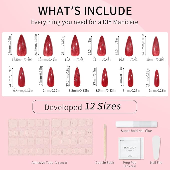 Dark Red Almond Cat Eyes Press On Nails,12 Sizes - 24 Pcs Soft Gel Red Medium Fake Nails Kit with Nail Glue, Natural Reusable Stick On False Nails for Women and Girls SK1009