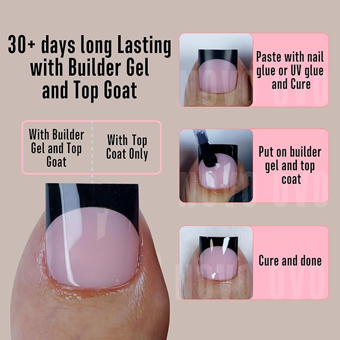 Toe Nail Tips Press on Black French Tip, BERRY PINK, Long/Medium Wide Fake Toenails, Full Cover Sharp Square Pre-Designed Soft Gel False Toenail Acrylic Extension for DIY 15 Sizes 240 pcs