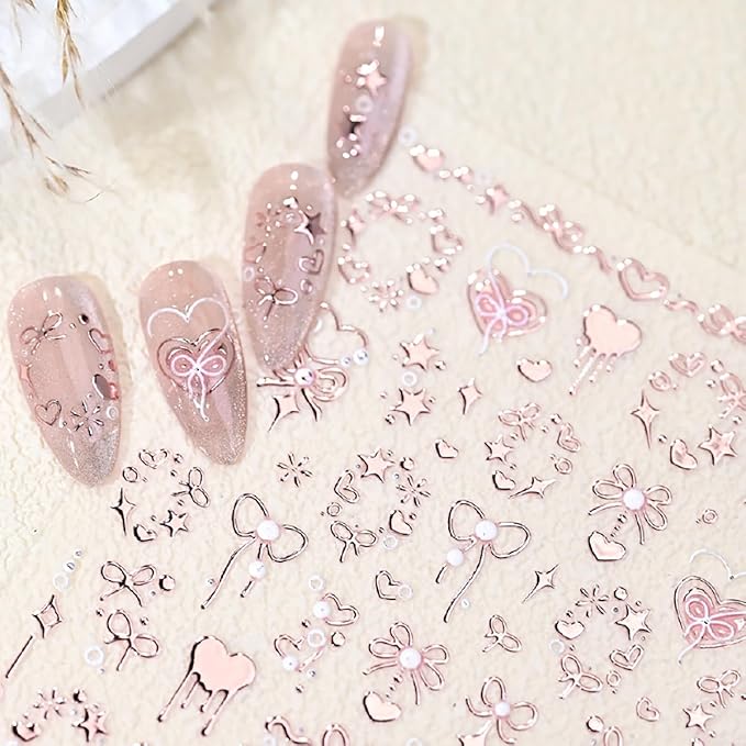 1Pcs 5D Valentines Nail Art Stickers Self Adhesive Rose Gold Bow Nail Decals Embossed Love Heart Nail Stickers Shiny Star Nail Design Sticker Pink Valentines Sticker Cute Nail Supplies Decor for Women