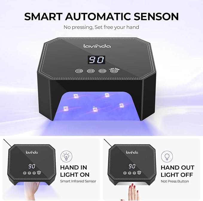 Lavinda 54W UV LED Nail Lamp – Plug-in Gel Nail Light with LCD Display, 4 Timers, Auto Sensor, Dual Wavelength, Nail Dryer for Home & Salon – Black