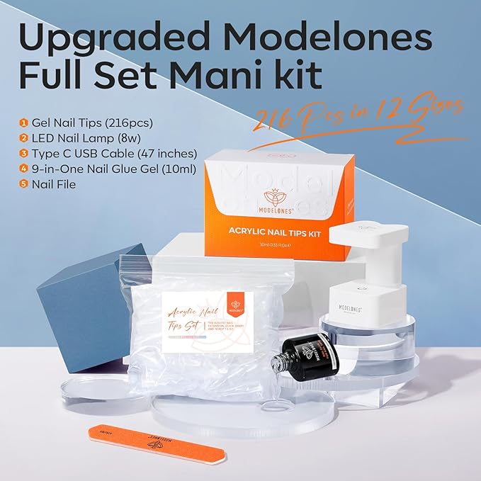 modelones X Nail Gel Kit Extra Short, 9-in-One Nail Glue with Portable U V Lamp 216Pcs 12Sizes Pre-Etched Press ons Fake Acrylic Extension Kit DIY Salon Gift for Women