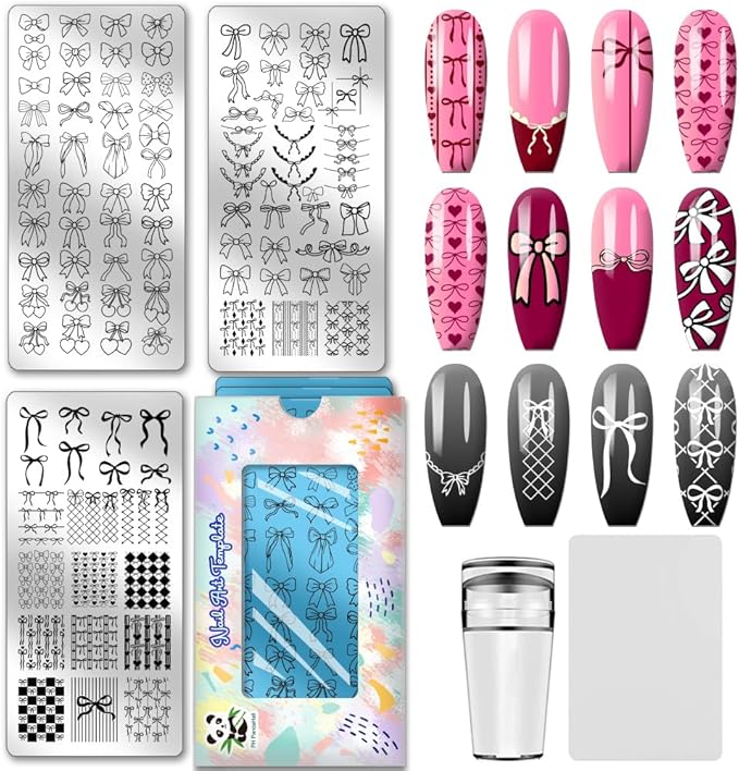 PH PandaHall 3pcs Bows Nail Stamping Plates Bowknot Print Nail Stencils Ribbons Bow Manicure Art Templates Bow-Tie with Heart Cherry Nails Art Stencils for Women DIY Manicures Salon Design