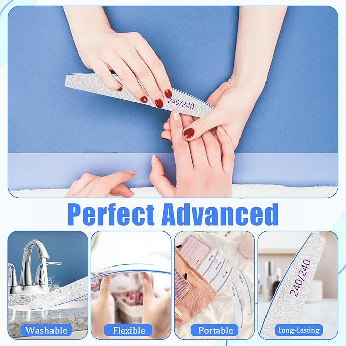BLESWIN Nail Files 240/240 Grit, 25 Pcs Professional Double Sided Emery Board, Reusable Washable Coarse Tool for Acrylic & Gel Nails, Home Salon Application