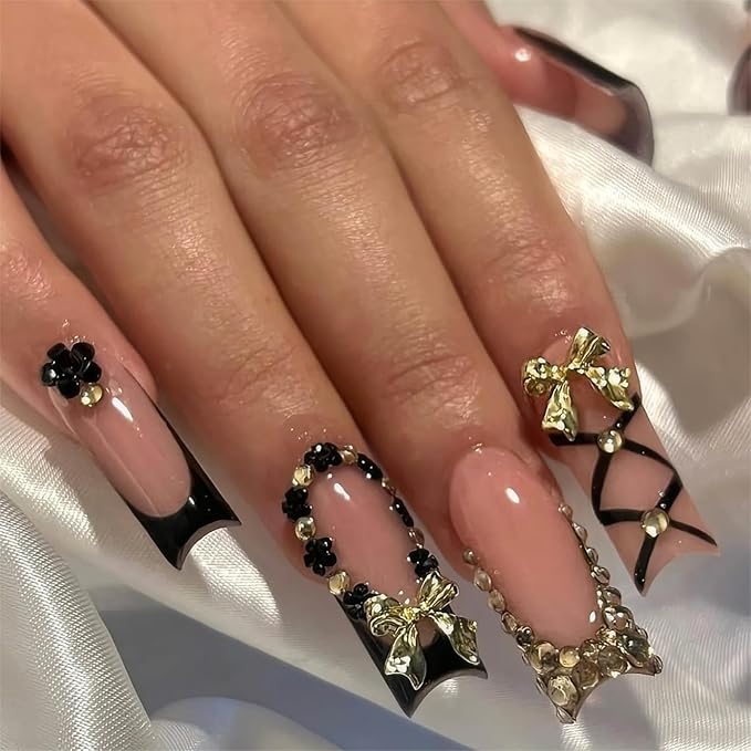 Black French Tip Press on Nails Long Square Fake Nails with Designs Square Nail Press ons Gold Bow False Nails Full Cover Artificial Stick on Acrylic Nails for Women 24Pcs