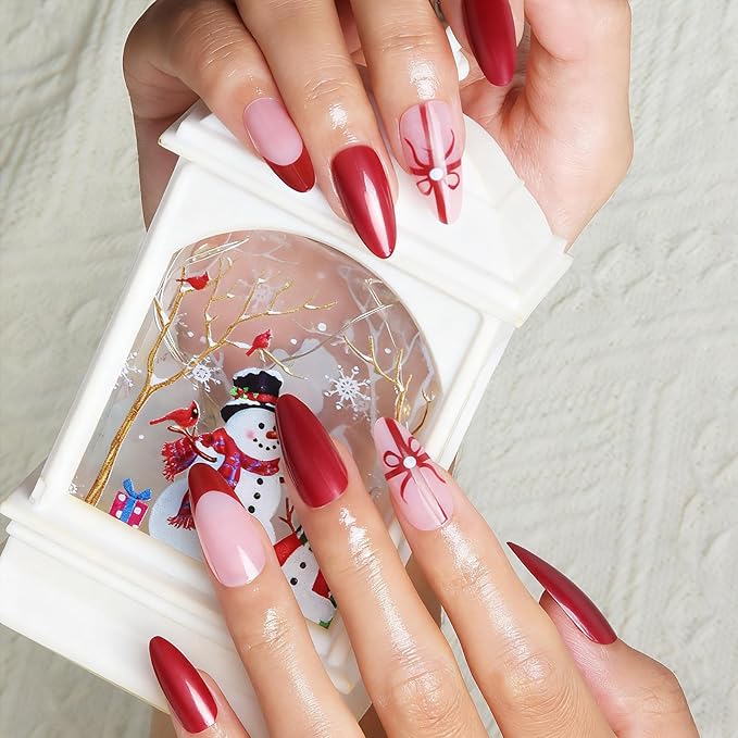 24pcs Red French Tip with Bow Medium Almond Press On Nails, Reusable Nail Kit with Adhesive Tabs, 11 Sizes (Red Bow)