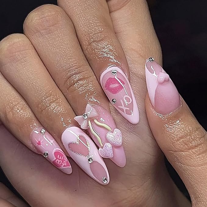 24Pcs Valentines Press on Nails Medium Almond Fake Nails with 3D Rhinestones Design Lip Heart Glue on Nails Cute Bow False Nails Glossy Full Cover Pink Acrylic Nails for Women Valentines Manicure