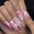 24Pcs Valentines Press on Nails Medium Almond Fake Nails with 3D Rhinestones Design Lip Heart Glue on Nails Cute Bow False Nails Glossy Full Cover Pink Acrylic Nails for Women Valentines Manicure