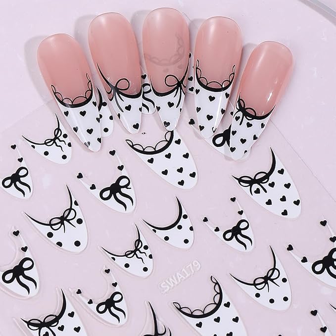 6Sheets French Tip Nail Art Stickers 3D Self Adhesive Valentines Nail Decals French Bow Nail Stickers Star Flower Bow Nail Design Heart Nail Supplies Decorations for Women Valentines Manicure