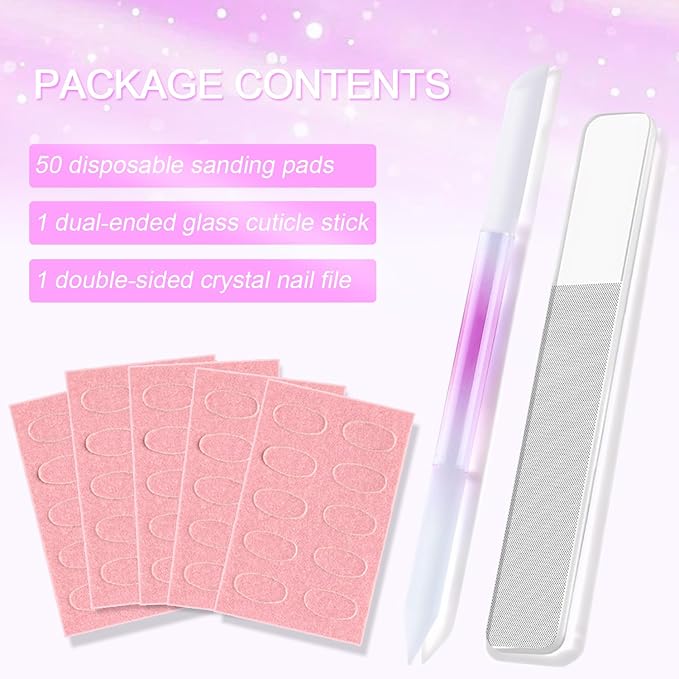 Glass Nail File and Cuticle Pusher Set, Dual-Ended Crystal Cuticle Stick with Sanding Pads, Gentle Prep and Care Tools for Natural Nails, Home Manicure & Pedicure Salon Supplies (#1)