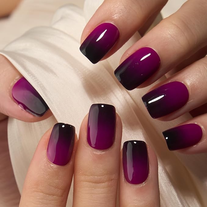 Curvlife Press on Nails 30pcs Fake Grayish Purple Acrylic Nails with Short Design Full Cover, Reusable Nail Kit with Nail Glue Adhesive Tabs