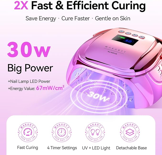 Makartt UV Nail Lamp – 30W Fast Curing UV Light with Handle Rechargeable Cordless Nail Dryer for Gel Polish with 45 Beads Dual Lights 4 Timers LCD Smart Sensor for Nail Art Design(Gradient Purple)