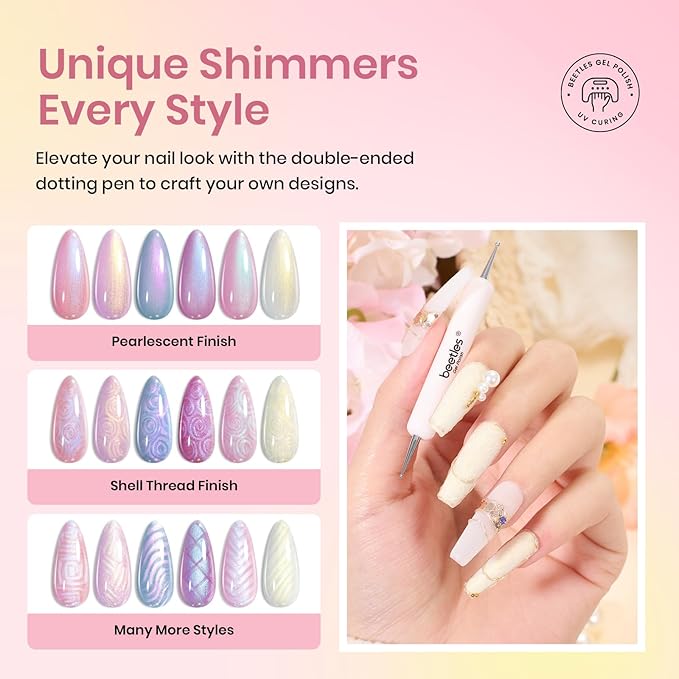 Beetles Pearl Gel Nail Polish, 6 Colors Shimmer Pearl White Pink Purple Mermaid Nail Drawing Spring Gel Polish Soak Off Uv Gel Polish Swirl Shell Thread Effect DIY Manicure Nail Art Gifts for Women