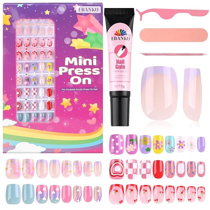EBANKU 130 Pcs Press on Nail Kids, 5 Pack French Heart Kid Flase Nails Kit with Nail Glue Set Fake Nail for Girls Nail DIY Salon Home Decor