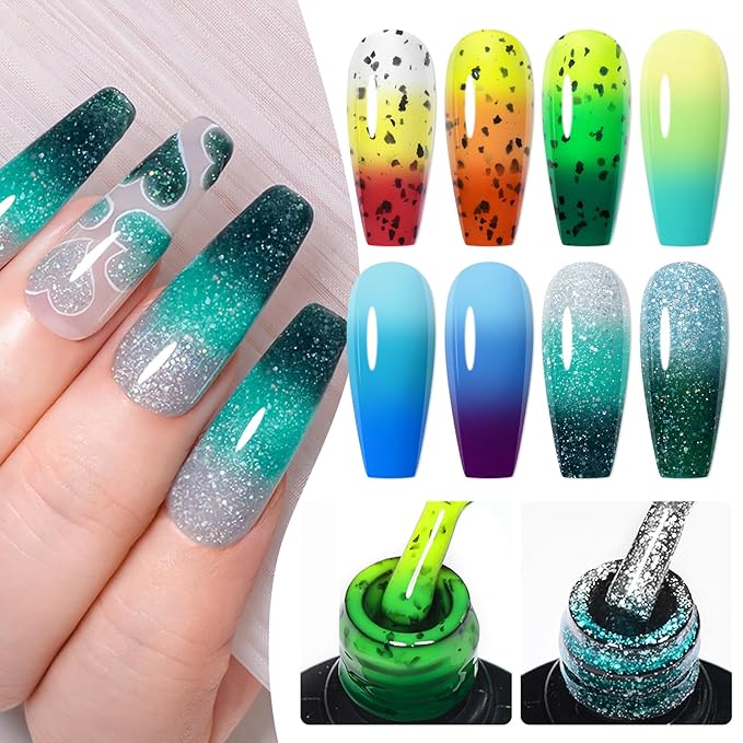 MEET ACROSS 12PCS Color Changing Gel Nail Polish Set Blue Green Mood Temperature Change Nail Polish Eggshell Gel Polish Set Nail Art Design 8 Colors