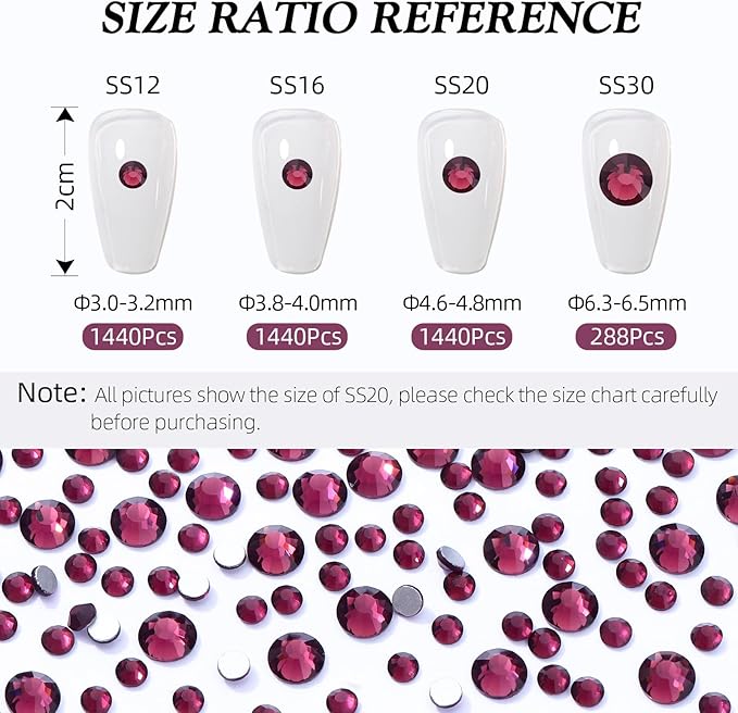 Purple Flatback Rhinestones, Glass Rhinestones for Nail Art and Craft, Glue Fix, Loose Crystal Gemstones(Purple, SS12, 1440pcs, 2.9-3.0mm)