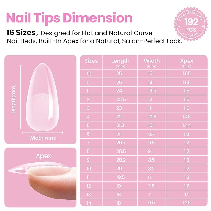 Beetles Tipex Lite Apex Nail Tips Kit, Almond Medium, 192pcs 16 Sizes, with UV Nail Glue, Base & Top Coat, Mini Nail Lamp, Nail Clipper & Cuticle Nipper, Pre-Building Pre-Etched Acrylic Tips Kit