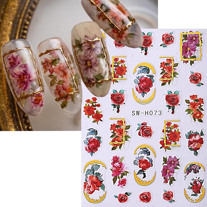 Flower Nail Stickers 6 Sheets - 5D Embossed Floral Designs with Gold Foil Accents, Self-Adhesive Nail Art Decals for Women, Spring & Everyday DIY