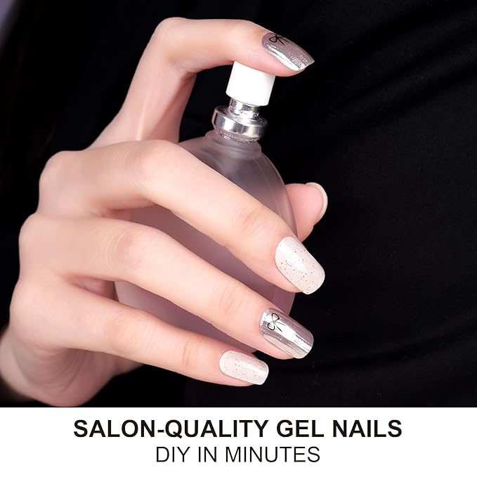 DANNI & TONI Semi Cured Gel Nail Strips Bowknot Silver Mirror Gel Nail Wraps UV Nails 28 Stickers Gift for Women | Silver Embrace