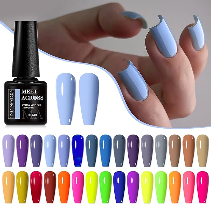 MEET ACROSS Gel Polish Set - 30 Colors Neon Hot Pink Red Green Blue Yellow Nail Polish Soak off Colorful Holidays Collection UV Gel Gifts for Women