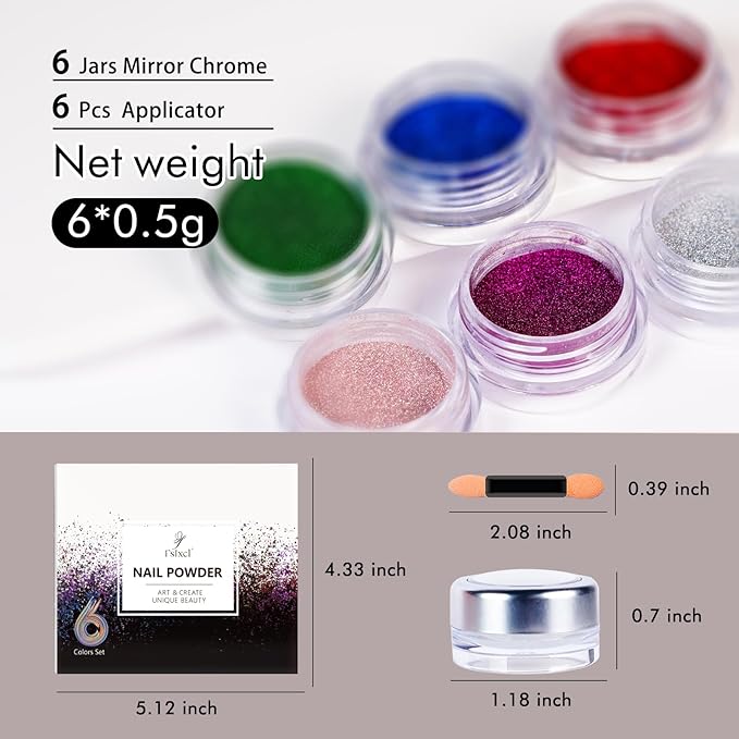 6 Colors Set 0.5g/Jar Chrome Nail Powder Holographic Metallic Mirror Effect Pigment Dust for Gel Nail Art Manicure Decoration