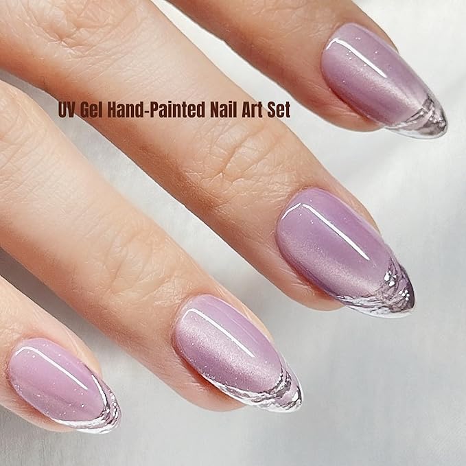 Press On Nails Short Almond Cat Eye Purple Light with Silver Glitter French Tip| Reusable Soft Gel Nails in 12 Sizes 24 Nail Kit with Glue|Designed in L.A, Handmade in Vietnam|Velvet Twilight