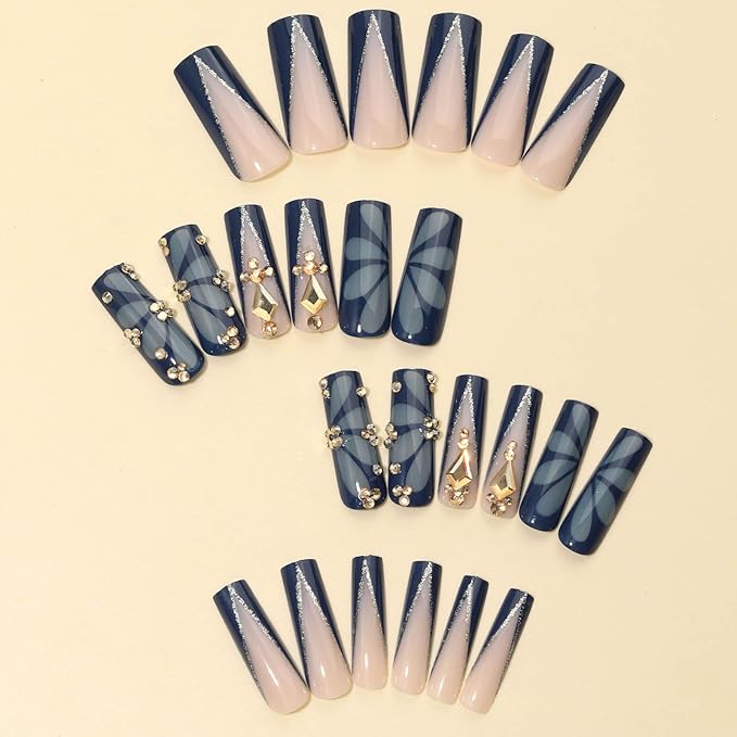 Long Press on Nails Square Dark Blue Press on Nails Long Nails Press Ons with Butterfly and Rhinestone Design Acrylic False Nails for Women and Girls 24pcs (Dark Blue)