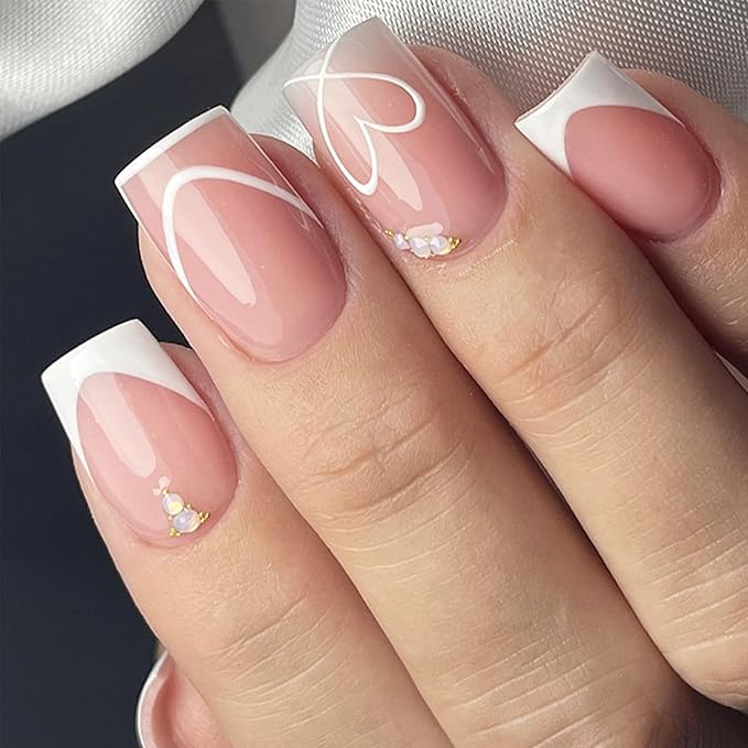 24Pcs Valentines Day French Tip Press on Nails Short Square Heart Fake Nails with Rhinestones Designs Glossy Nude Pink Stick on Nails White Heart Glue on Nails Valentines False Nails for Women Girls