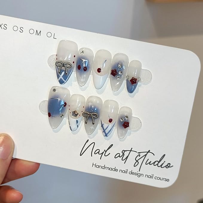 Light Blue White French Press on Nails Medium Almond with 3D Charms Bow Rhinestone Cherry,10Pcs Sweet Girls Summer with Full Kit(S)