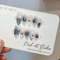 Light Blue White French Press on Nails Medium Almond with 3D Charms Bow Rhinestone Cherry,10Pcs Sweet Girls Summer with Full Kit(S)