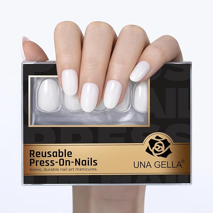 UNA GELLA 32Pcs Soft Gel Press on Nails Oval - 16 Sizes Milky White Round Glue on Nails, Reusable Solid Color False Nails, Full Cover Acrylic Nail Kit for Women DIY Home Manicure