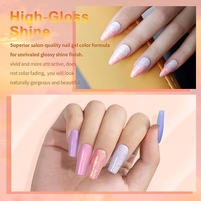 RARJSM Pearl Gel Nail Polish Set Iridescent Shell Glitter Gel Polish 6 Sunset Colors Light Purple Blue Pink Red Gold Shimmer Mermaid Swirl Thread Effect Soak Off Curing Requires Home Salon