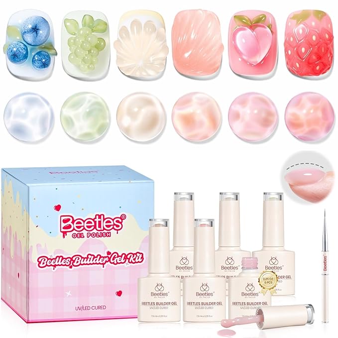 Beetles Builder Gel Nail Kit,Juicy Tint 6 Colors Jelly Pink Nude Builder Gels Apex Thickening Extension Strengthen Weak Nails for Beginners DIY Salon,Spring Nails at Home,UV & LED Lamp Needed