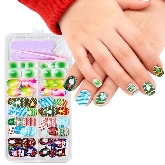 120Pcs 10 Packs Christmas Press on Nails for Girls 5 Styles 12 Sizes Cute Short Press on Nails for Kids Press ons with Santa Claus Snowflake Xmas Tree Elk Designs Full Cover for Little Girl Gift