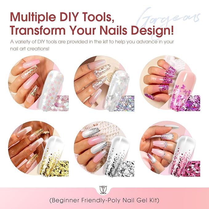 ROSALIND Poly Nail Gel Kit -20 Colors + 76 Nail Art Accessories kit Clear Nude Poly Nails Gel Starter Kit With Slip Solution Pro Nude Pink Nail Extensions with Mini UV Lamp