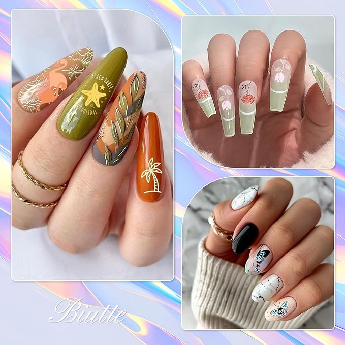 Biutee Nail Stamper Kit 12Pcs Nail Art Stamping Plate 8 Colors Stamp Polish Gel with Top Coat and Base Coat Set Silicone Stamper Scraper, Nail Stamp Plates Love Flower Butterfly Leaf Holiday Design