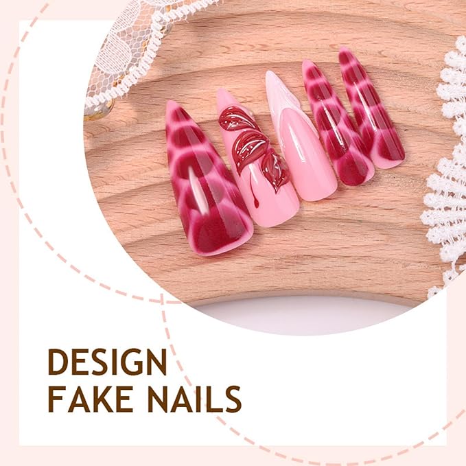 Long Press on Nails Almond Fake Nails Pink Artificial Nail Seeneey 3D Flowers Designs Tortoise Shell Stick on Nail for Women 24pcs