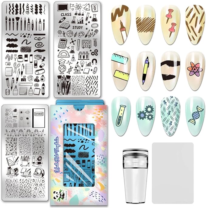 PH PandaHall 3pcs Stationery Nail Stamping Plates Pen Ruler Nails Art Stencils Notebook Scissors Manicures Art Templates Book Study Nails Image Plates for Women DIY Manicure Salon Printing Design