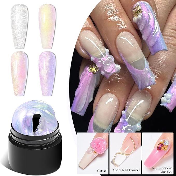 MEET ACROSS 9Pcs 3D Builder Gel Kit for Nail Art Aurora Pink Non Sticky Hand Carving Extension Solid Builder Gel for Nails with Silicone Pen Manicure Kit 4 Colors
