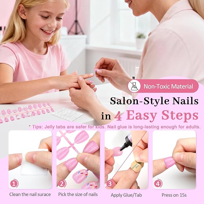 16 Sizes Press on Nails Kit for Kids - 32 Pieces French Almond Fake Nail Tips for Girls 8-12 Years Old with Jelly Nail Adhesives & No-Lamp Nail Glue, Birthday Gifts Easter(Pink Ice Cream)