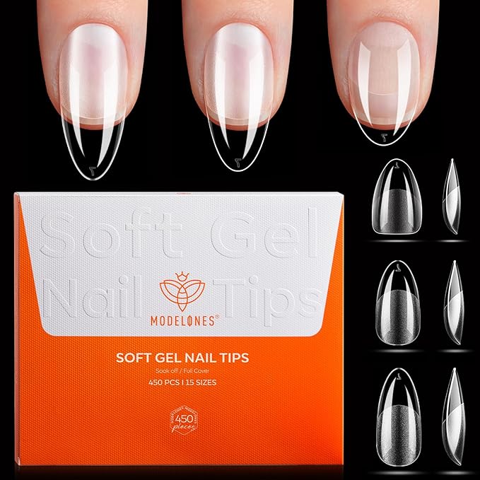 Modelones Medium & Short & Extra Short Almond Nail Tips - Multi-type 3 Styles Set Gel Tips Half Matte Full Cover Clear Acrylic Gel Kit Fake Nails for Extension DIY Salon 450Pcs 15Sizes