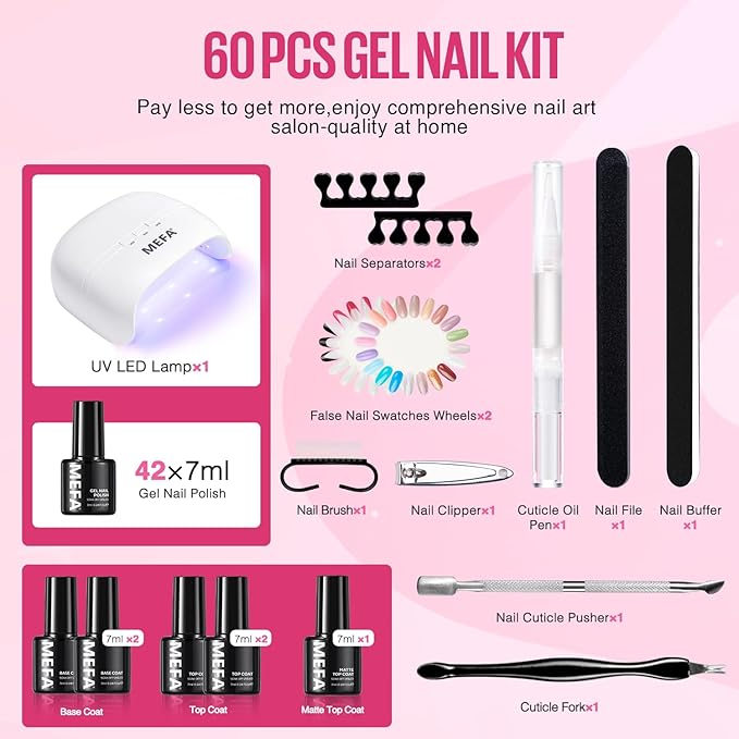 MEFA 42 Colors Gel Nail Polish Kit with U V Light, 50 Pcs All Seasons Collection Colorful Gel Polish Essential Set with 5 Psc Matte/Glossy Base Top Coat, Salon Gifts for Women