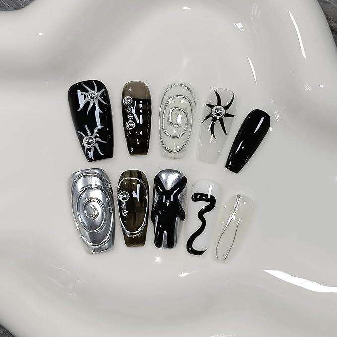 Dark Silver Gothic Press on Nails Long Coffin Shape 3D Embossed Sun Design Fake Nails Hand Painted Art for Women Fall Winter Ins Style(XS)