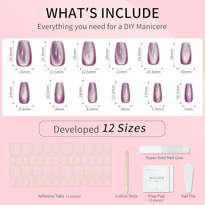 Purple Cat Eyes Press On Nails - 24 Pcs Soft Gel Medium Coffin Fake Nails Kit With Glue, 12 Sizes, Natural Reusable Stick On False Nails for Women and Girls (Skycloud Purple) SK0860