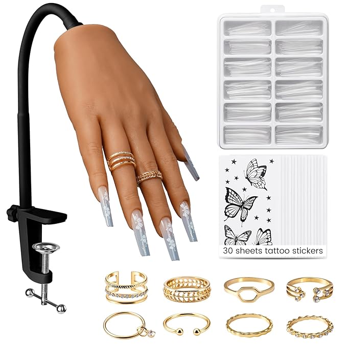 Practice Hand for Acrylic Nails: Silicone Nail Hand Practice with Gold Rings - Flexible Fake Hand Mannequin Nail Hand Kit for Beginners (Brown)