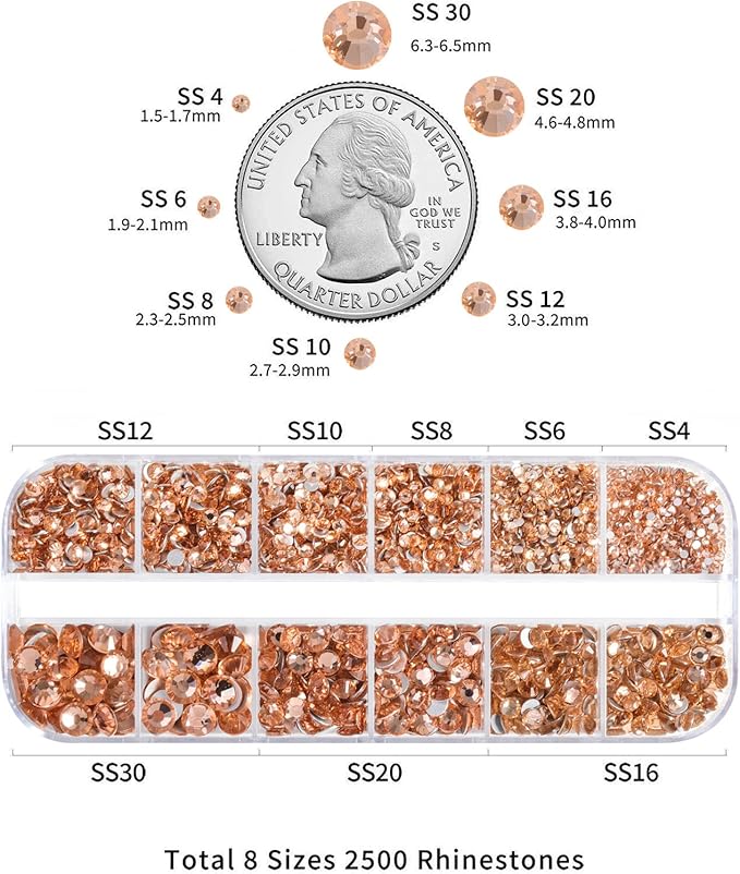 Beadsland Rhinestones for Makeup,8 Sizes 2500pcs Champagne Flatback Rhinestones Eye Gems for Nails Crafts with Tweezers and Wax Pencil,Light Peach,SS4-SS30
