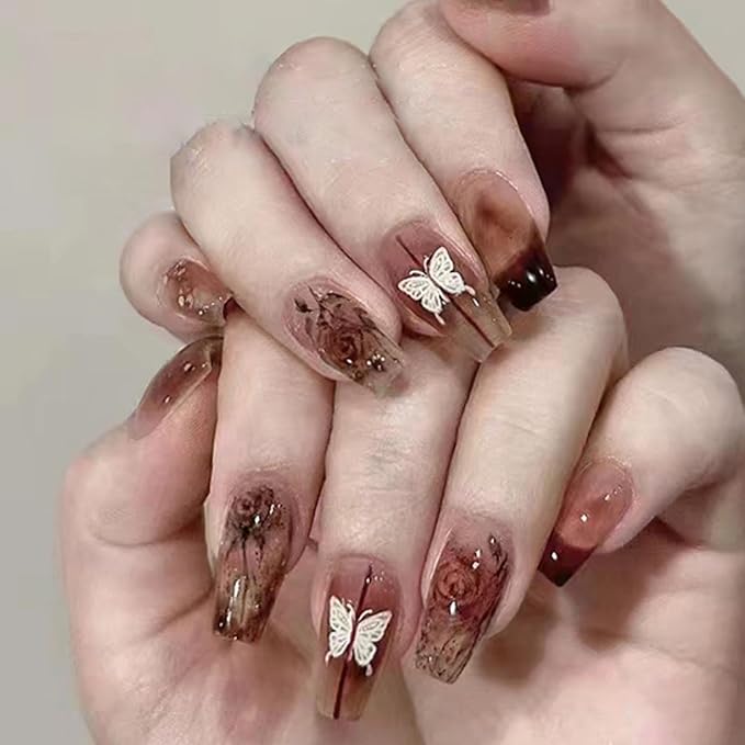 Hkanlre Dark Red Press on Nails French Coffin Fake Nails Tips Full Cover Butterfly Medium False Nails for Women and Girls 24PCS