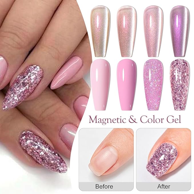 MEET ACROSS 8pcs Gel Nail Polish Set, Soak off UV LED Lamp Gel Nail Polish Cat Eye Set Home Gel Manicure Kit 7ml (Cat Eye + color Gel-6)