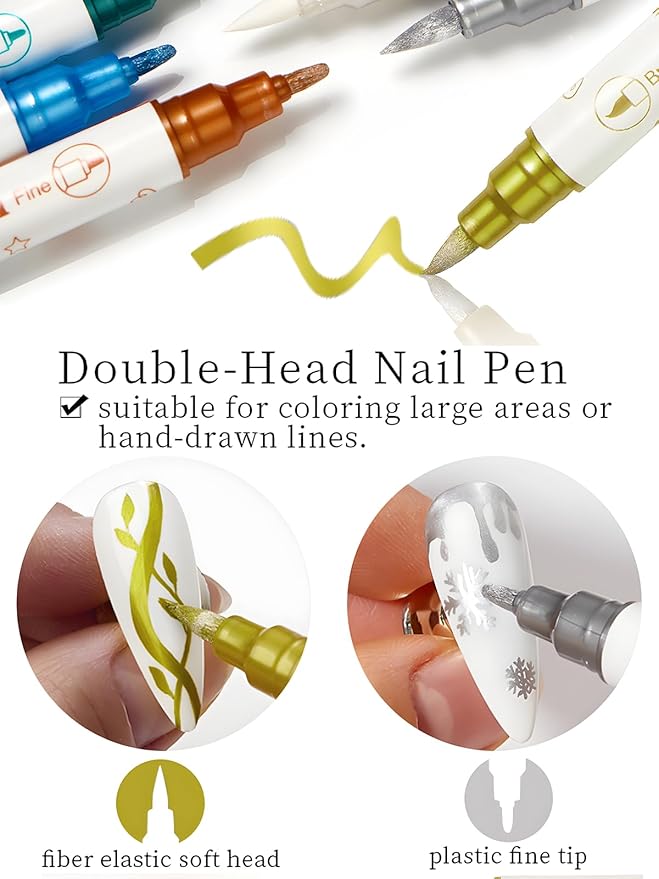 10 Colors Double Ended Metallic Nail Art Marker Pens, 3D Metallic Nail Graffiti Dotting Drawing Point Pen Sets Nail Art Painted Pen Nail Design Kit for Nail Design Nail DIY Decoration