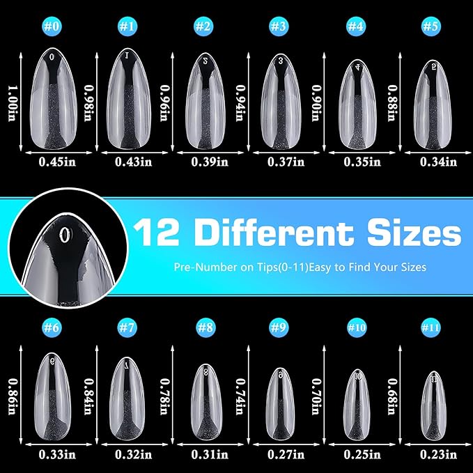 240pc Almond Gel Nail Tips Medium Fake Nails for Press on Nails Clear Acrylic Nails Tips, 12 Size Full Cover Nail tips Almond Soft Gel Nail Tips False Nails Extension Artificial Fingernail
